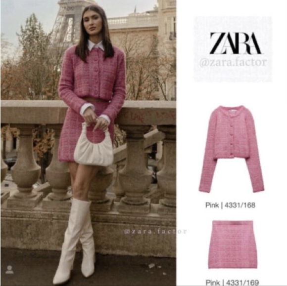 ZARA, New, Pink Tweed Texutred Weave Knit Cropped Blogger Fav Cardigan SZ XL - Picture 4 of 15